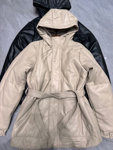 Hooded belted faux-leather jacket
