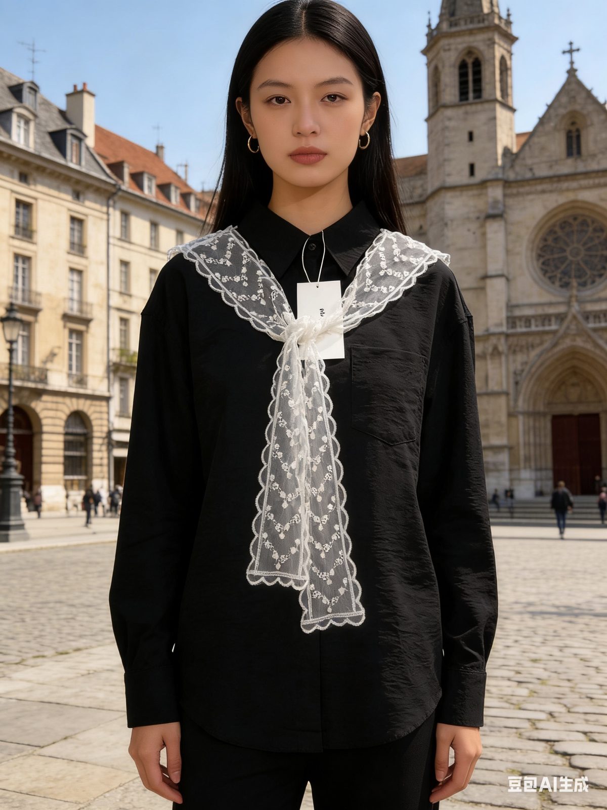 Lace-scarf collar shirt
