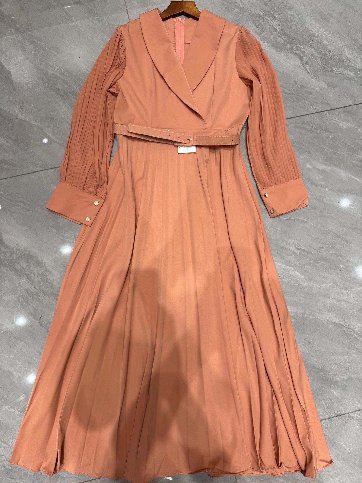 Belted pleated maxi dress