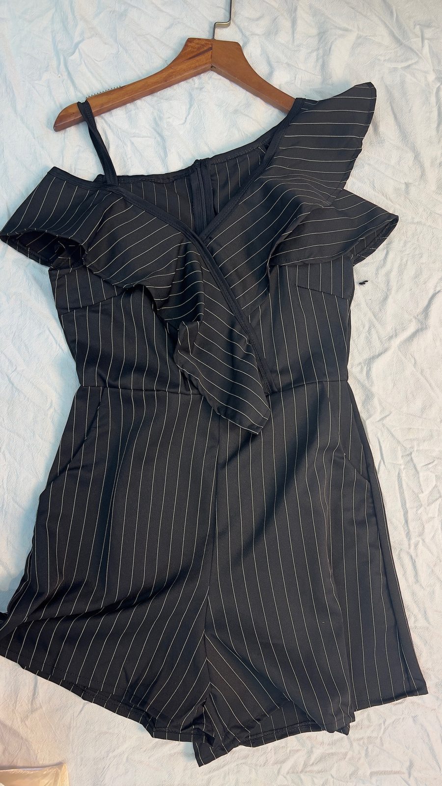 Pinstripe ruffle playsuit