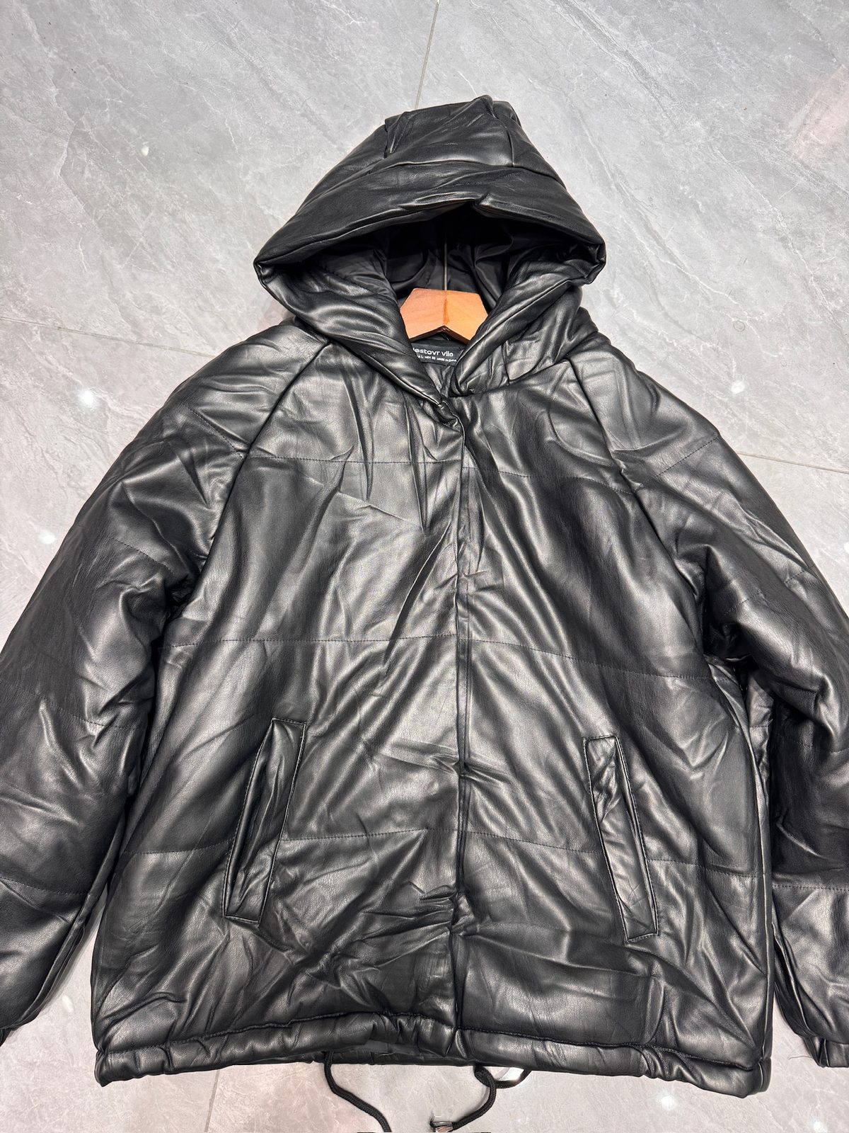 Hooded faux-leather puffer