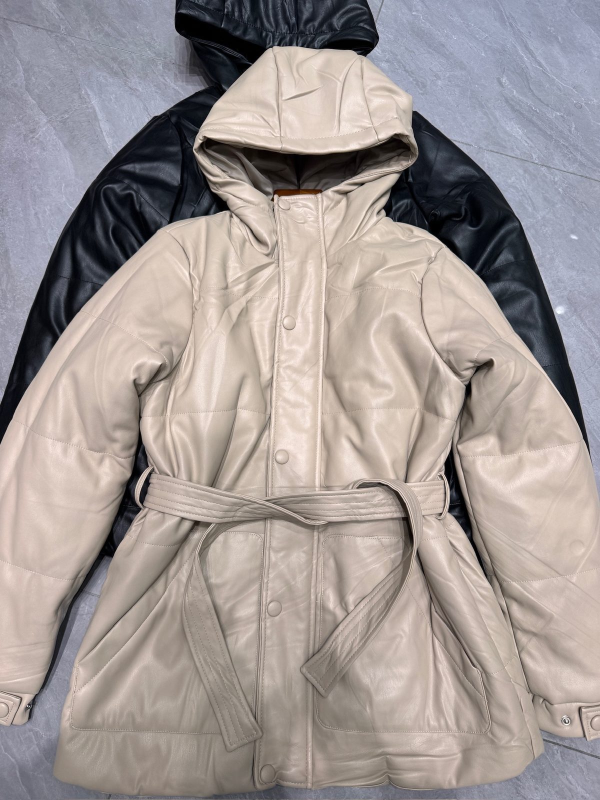 Hooded belted faux-leather jacket