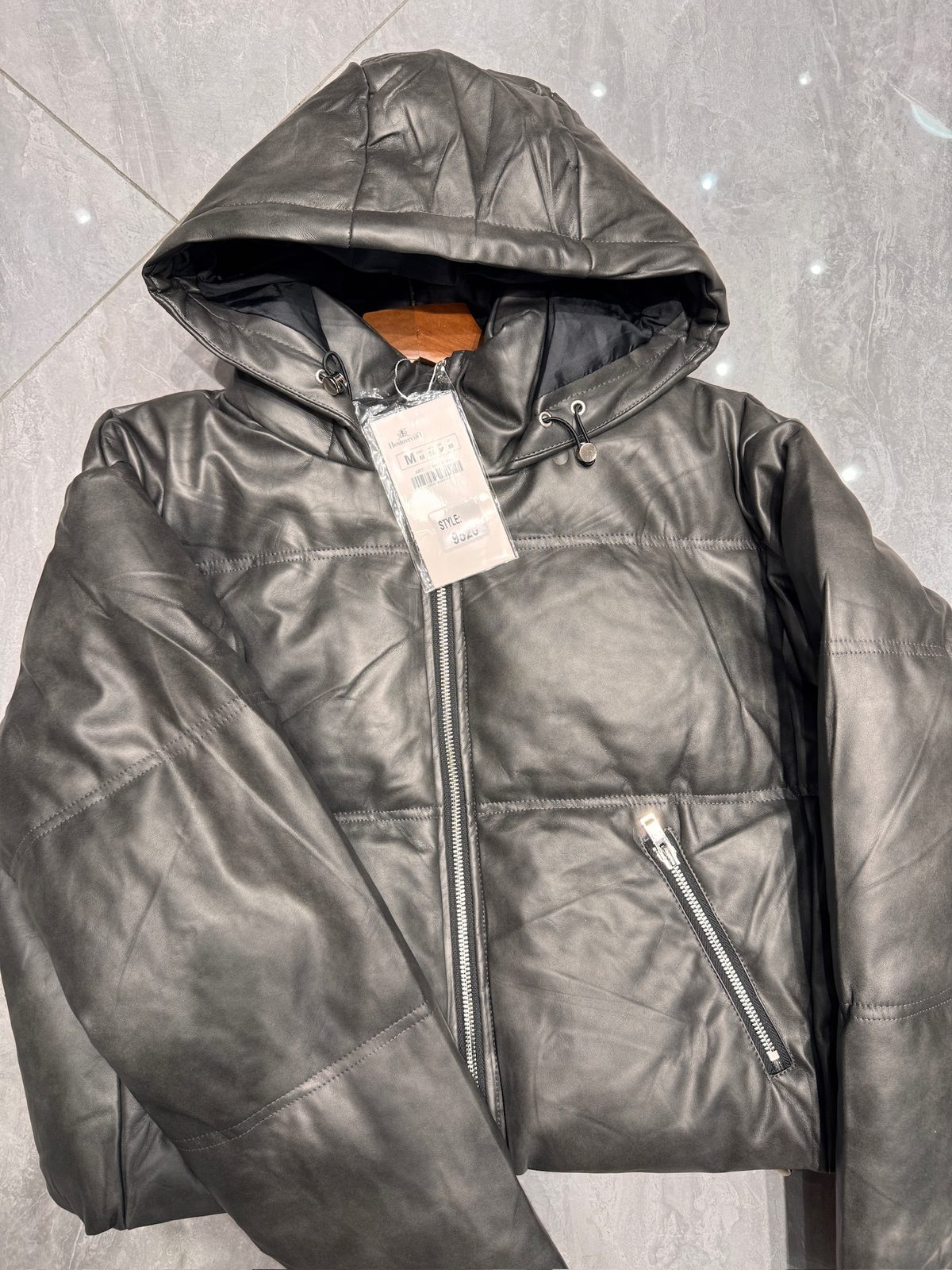 Hooded faux-leather puffer