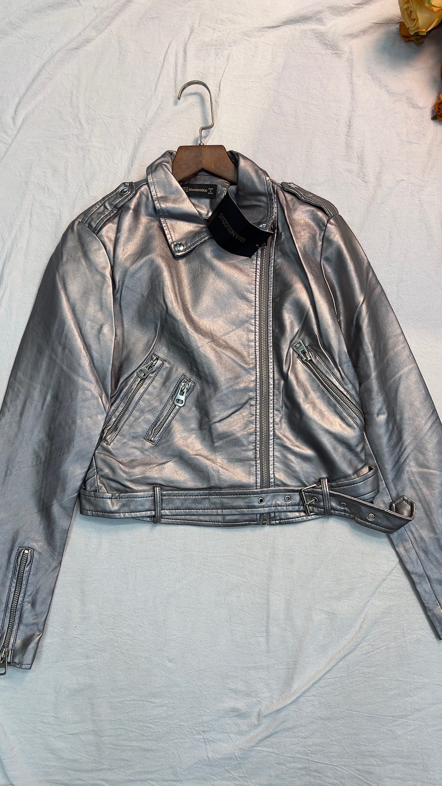 Metallic faux-leather moto jacket