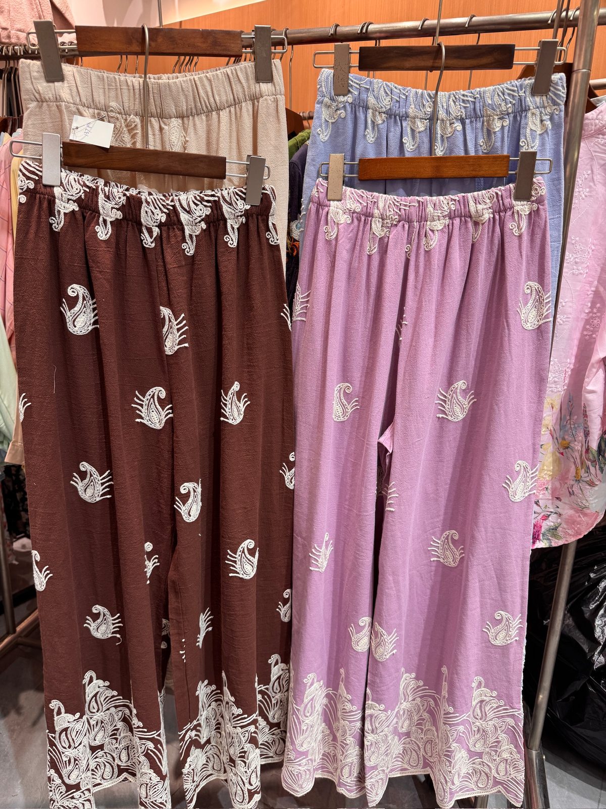 Lace-trim embroidered wide-leg pants